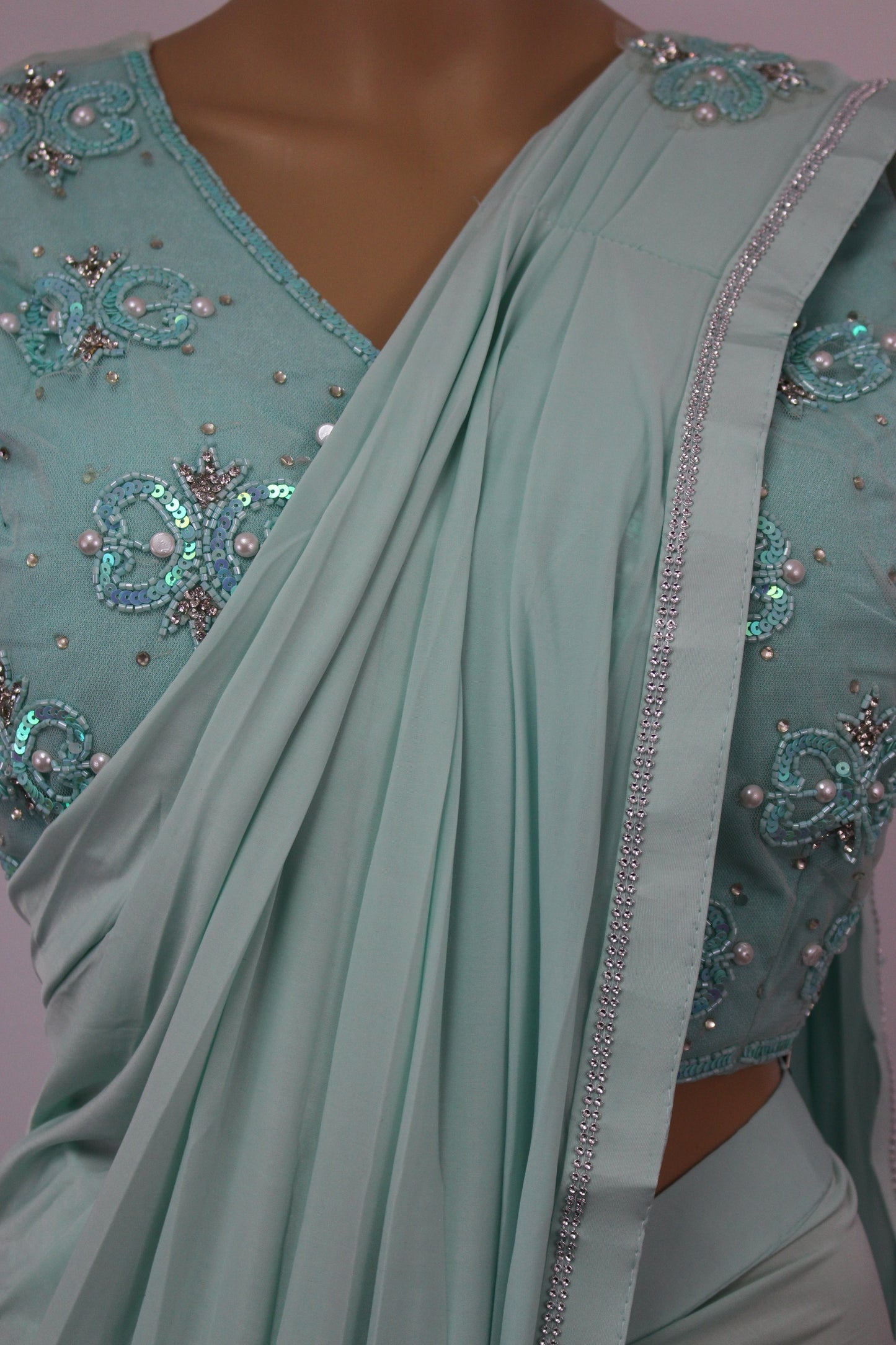 Simple Ready to Wear Saree with Hand Embroidered Blouse in Aqua