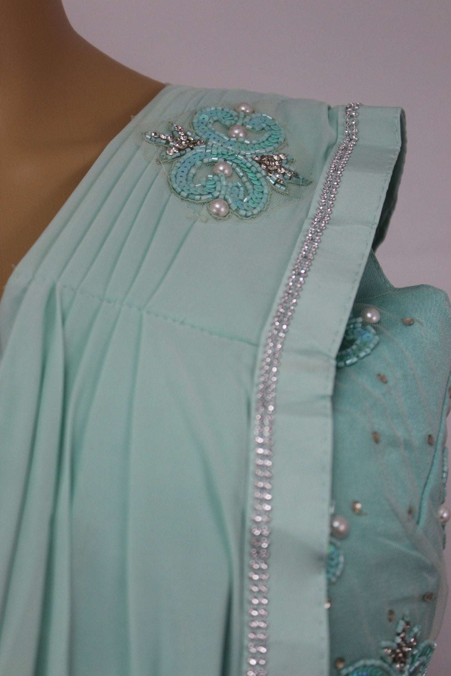 Simple Ready to Wear Saree with Hand Embroidered Blouse in Aqua