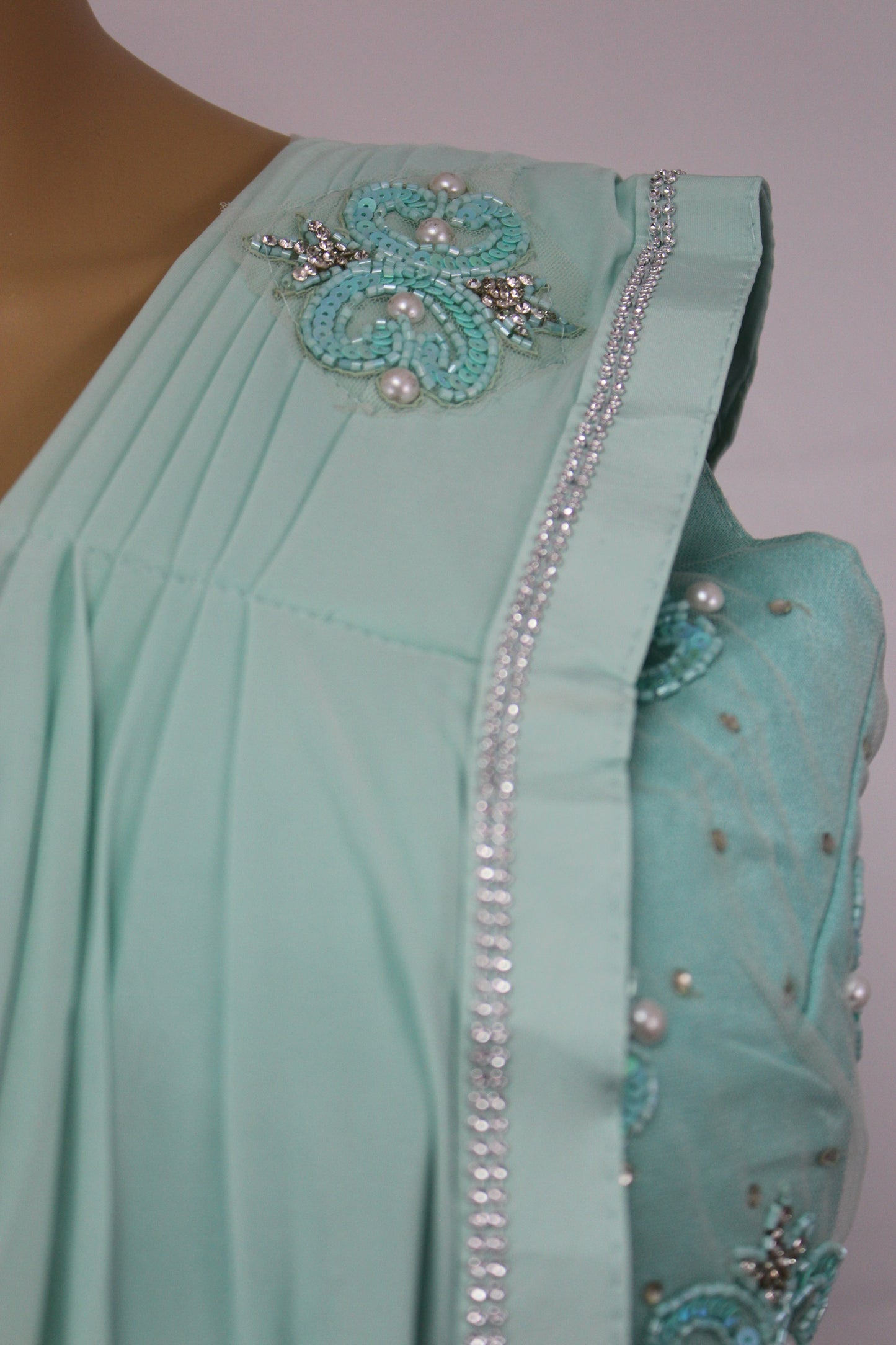 Simple Ready to Wear Saree with Hand Embroidered Blouse in Aqua