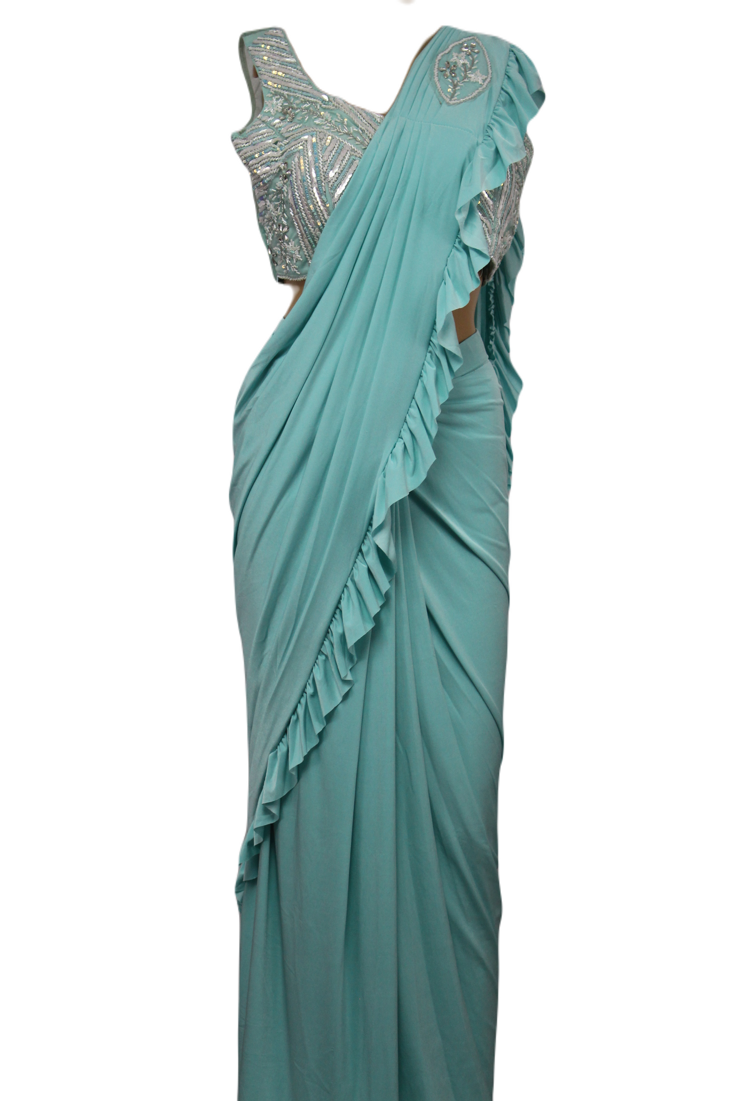 Light Turquoise Ready to Wear Saree with Beautifully Handcrafted Blouse and Belt