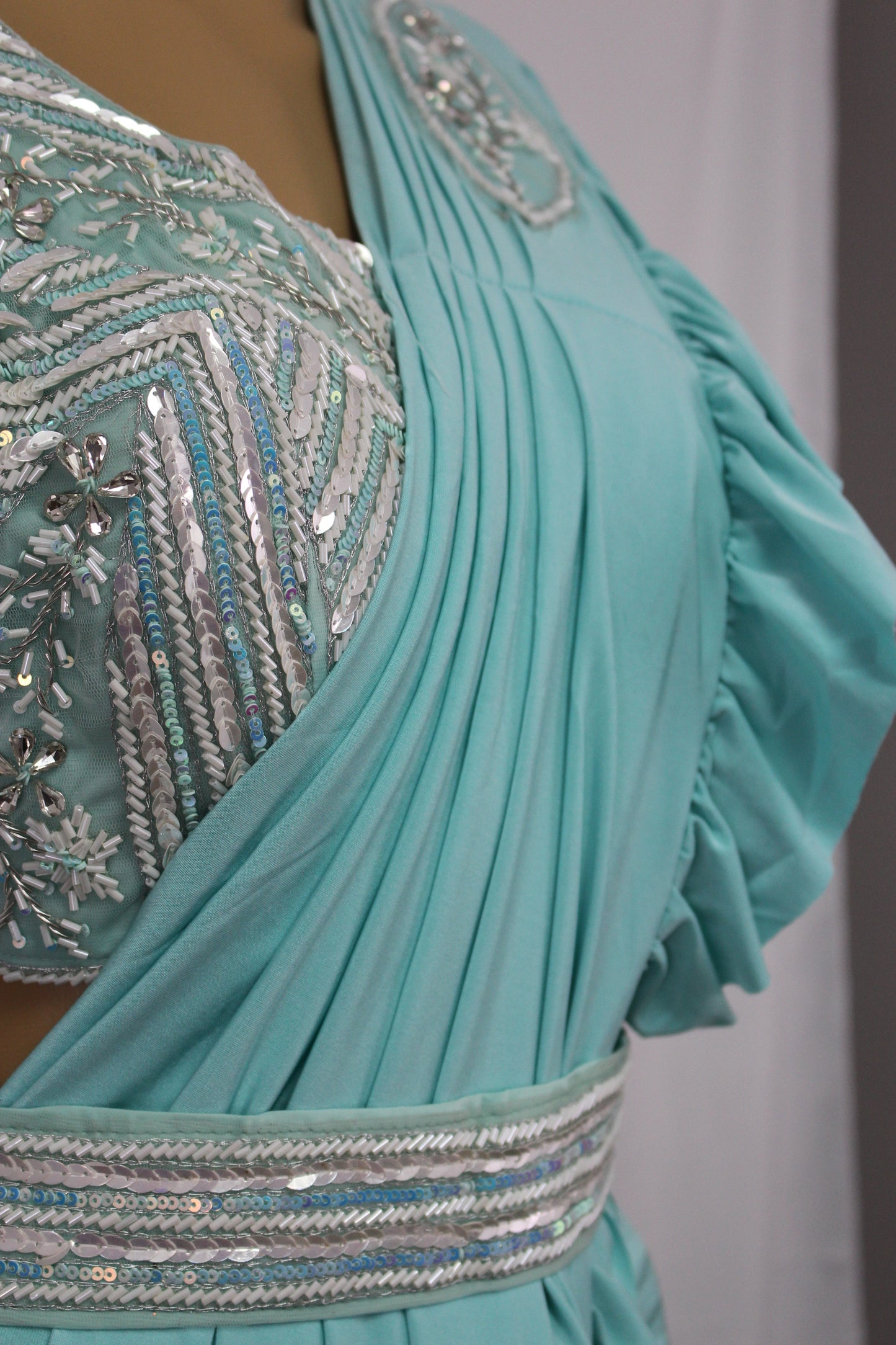 Light Turquoise Ready to Wear Saree with Beautifully Handcrafted Blouse and Belt