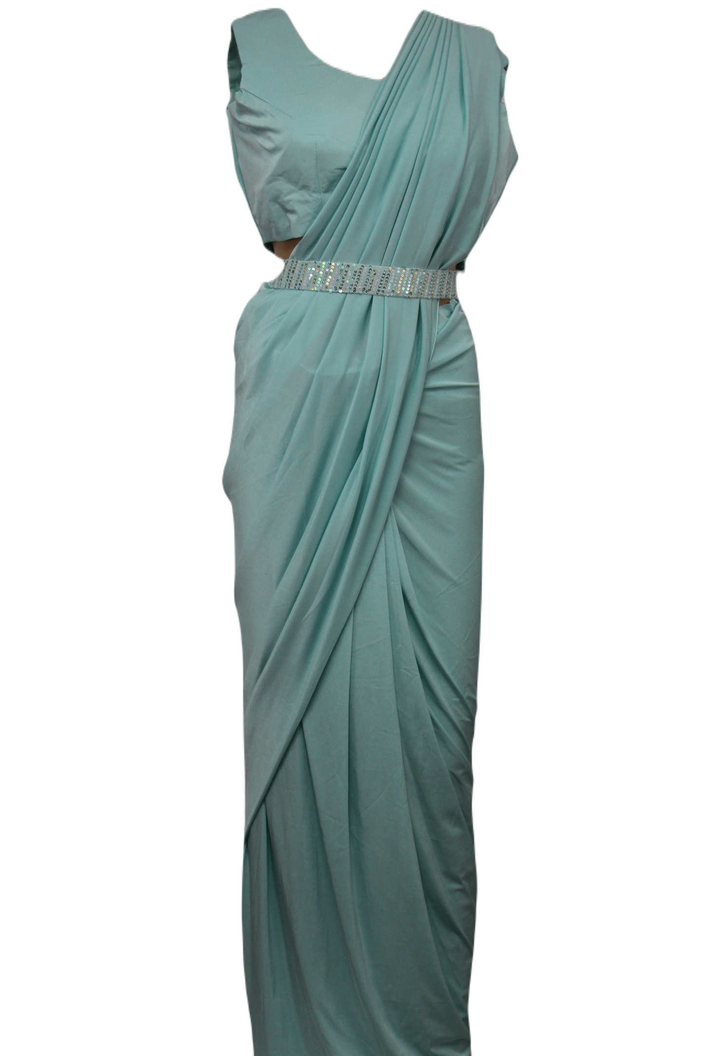 Ready to Wear Saree with Sequined Shrug in Aqua