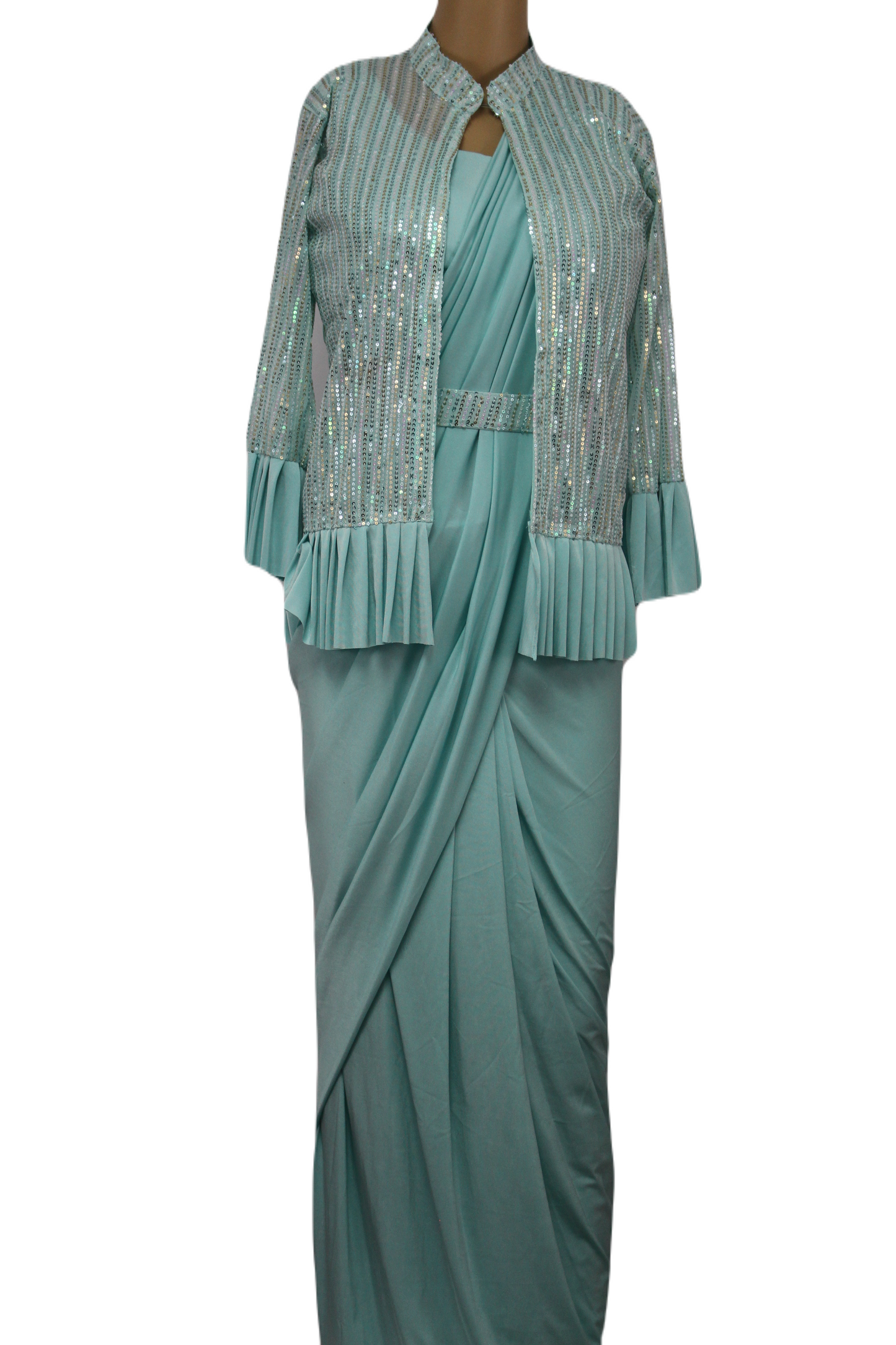 Ready to Wear Saree with Sequined Shrug in Aqua
