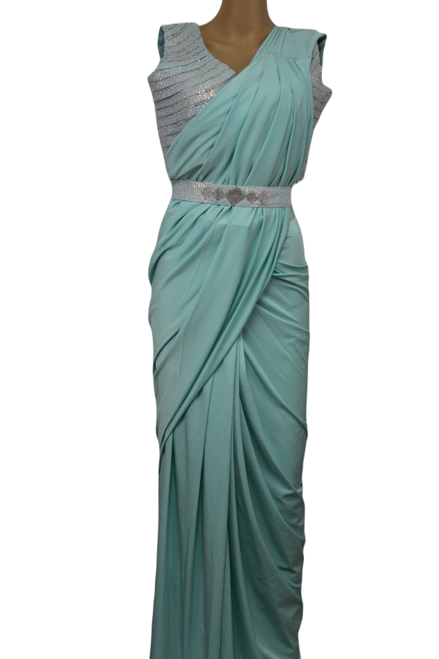 Ready to Wear Saree with Sequined Shrug in Aqua