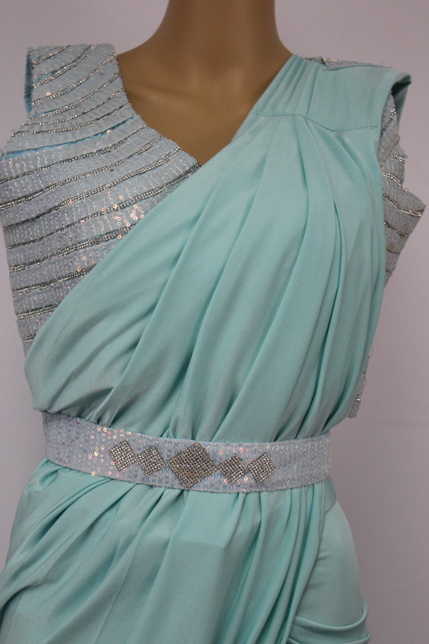 Ready to Wear Saree with Sequined Shrug in Aqua