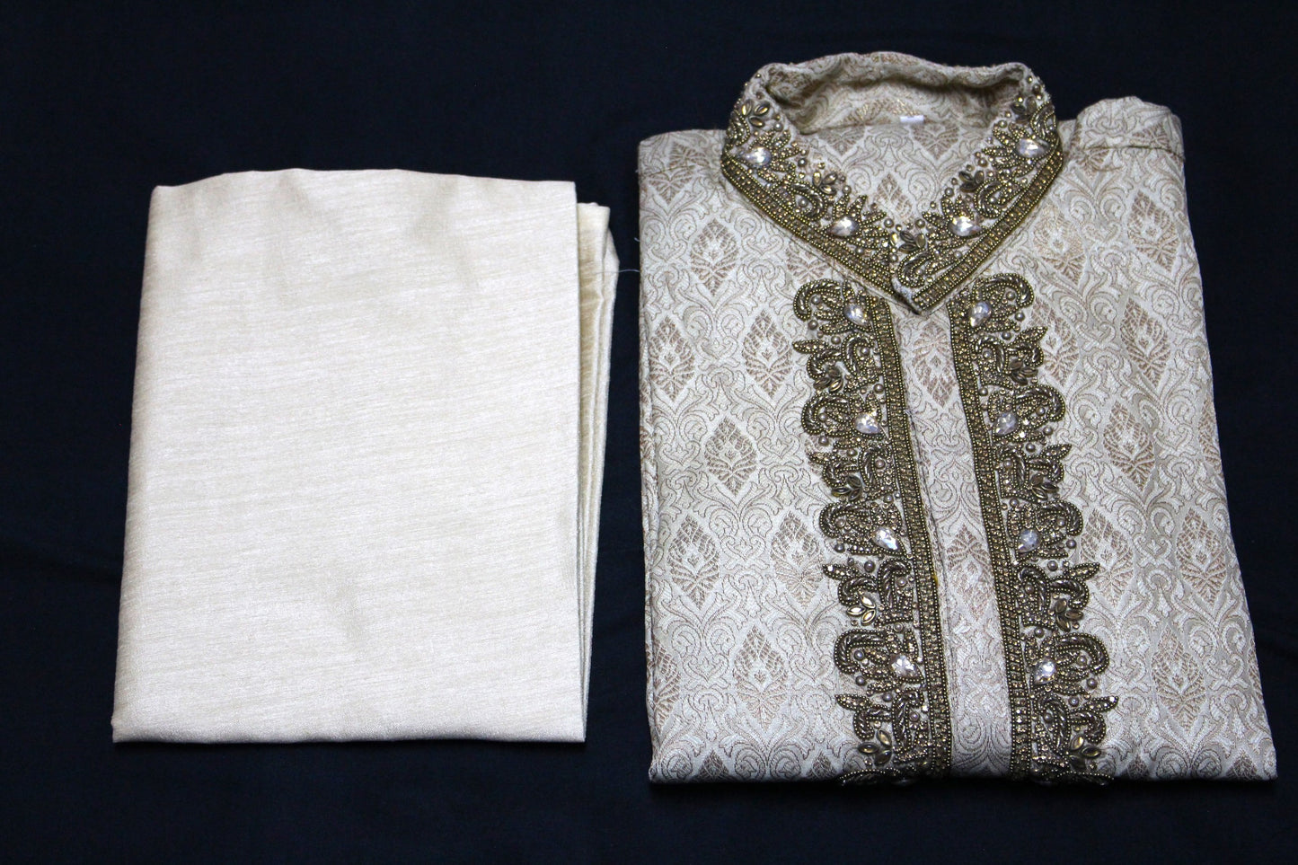 Bollywood Style Kurta Pyjama Set in Beige with Hand Embroidery