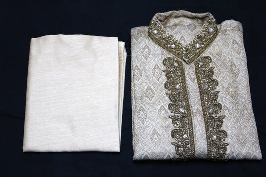 Bollywood Style Kurta Pyjama Set in Beige with Hand Embroidery