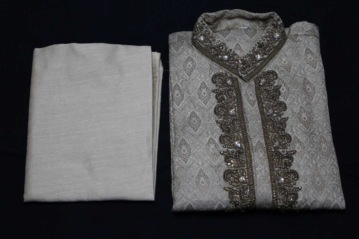 Bollywood Style Kurta Pyjama Set in Beige with Hand Embroidery