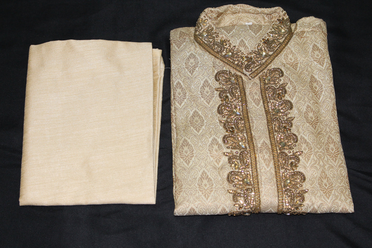 Bollywood Style Kurta Pyjama Set in Beige with Hand Embroidery