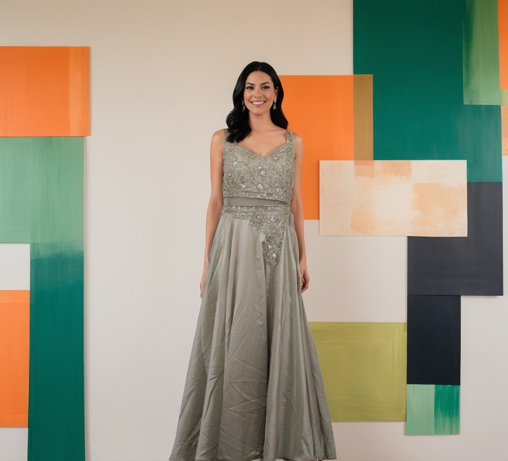 Satin & Crepe Mix Gown with Sheer Waist Panel in Ecru