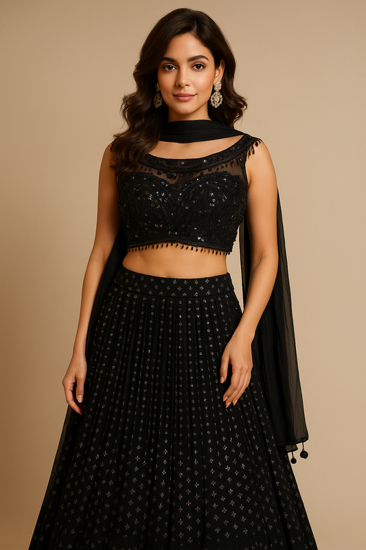 Black Tasseled Boat Neck Crop Top with Sequined Georgette Skirt