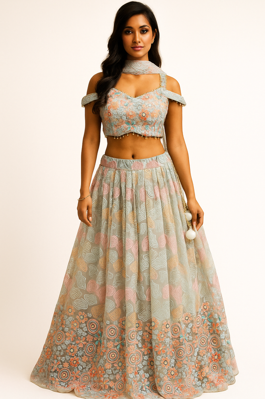 Steel Grey (with a hint of blue) Soft Net Sequined Handwork-ed Crop Top with Skirt