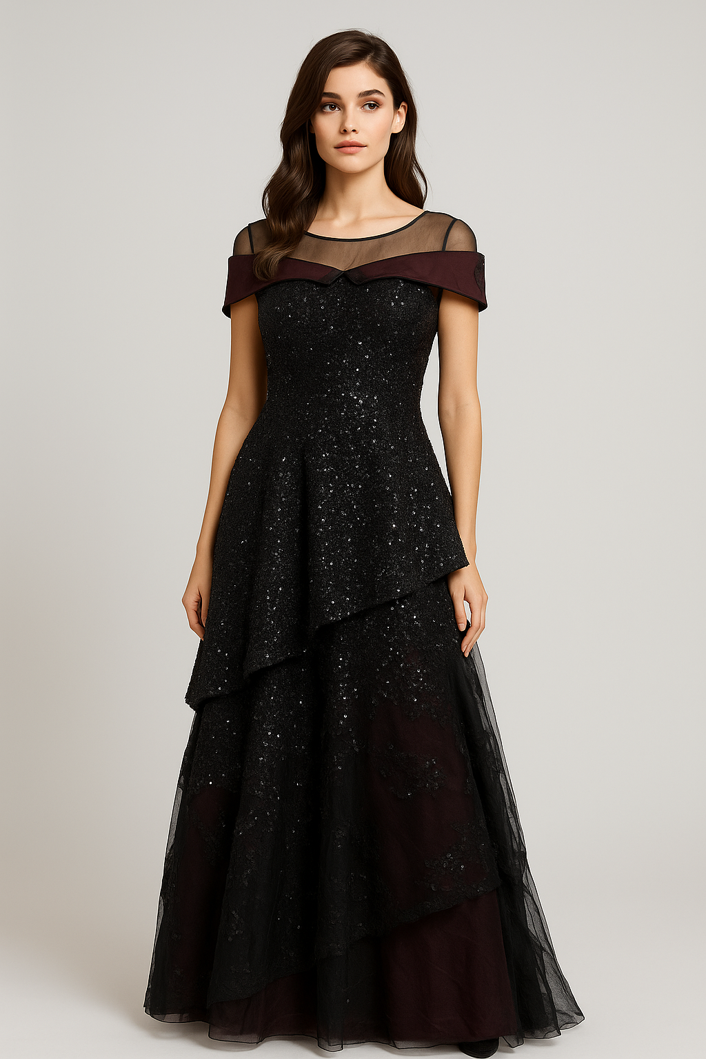 Maroon with Black Sequined Gown