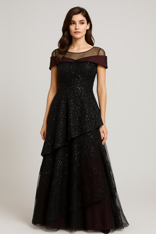 Maroon with Black Sequined Gown
