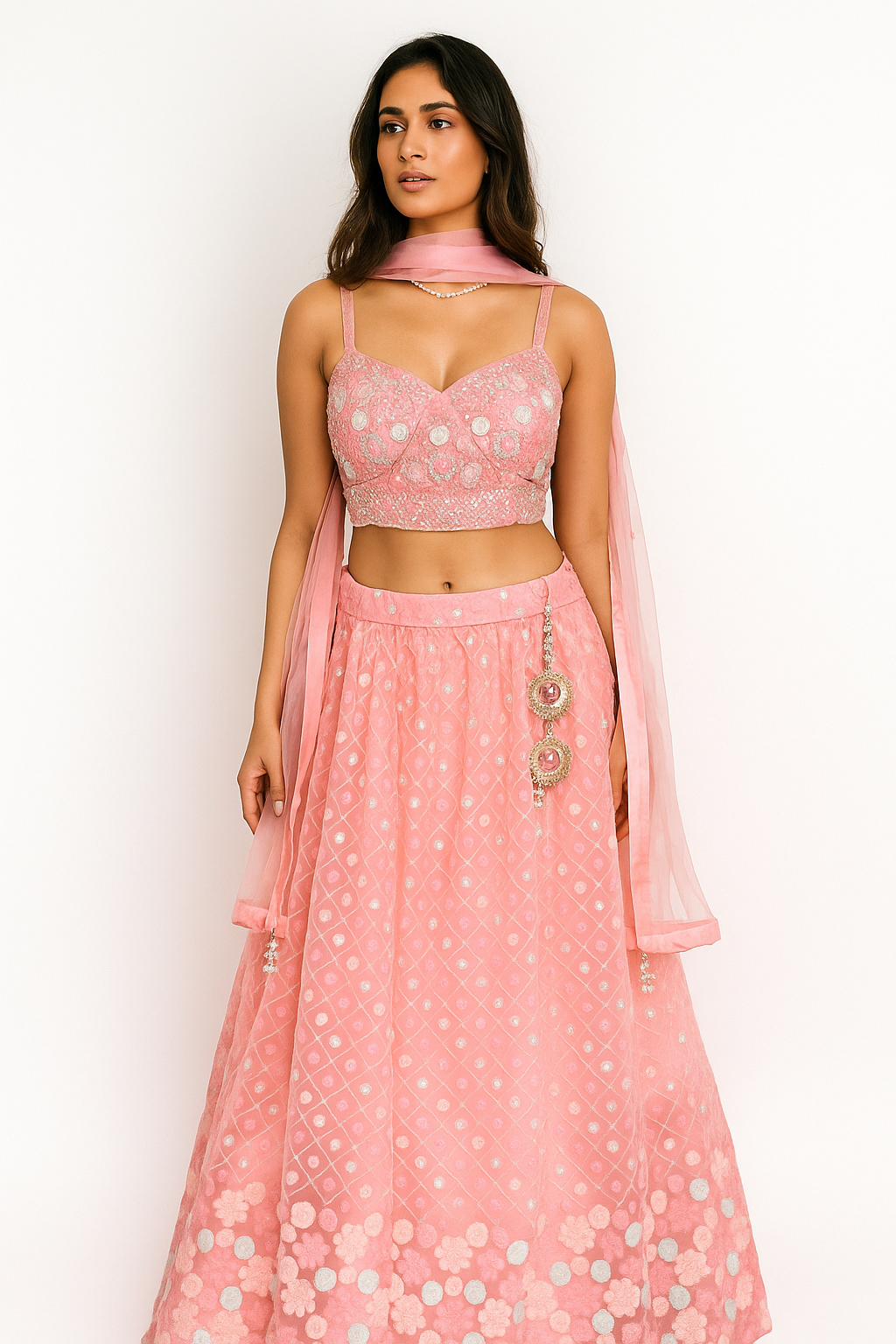 Pink Handworked Fusion Crop Top with Exquisite Soft Net Skirt