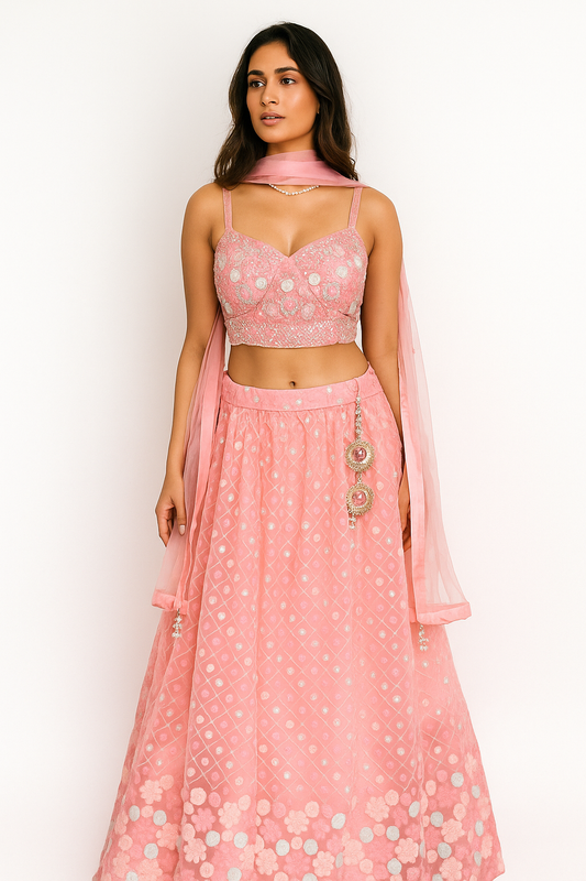 Pink Handworked Fusion Crop Top with Exquisite Soft Net Skirt