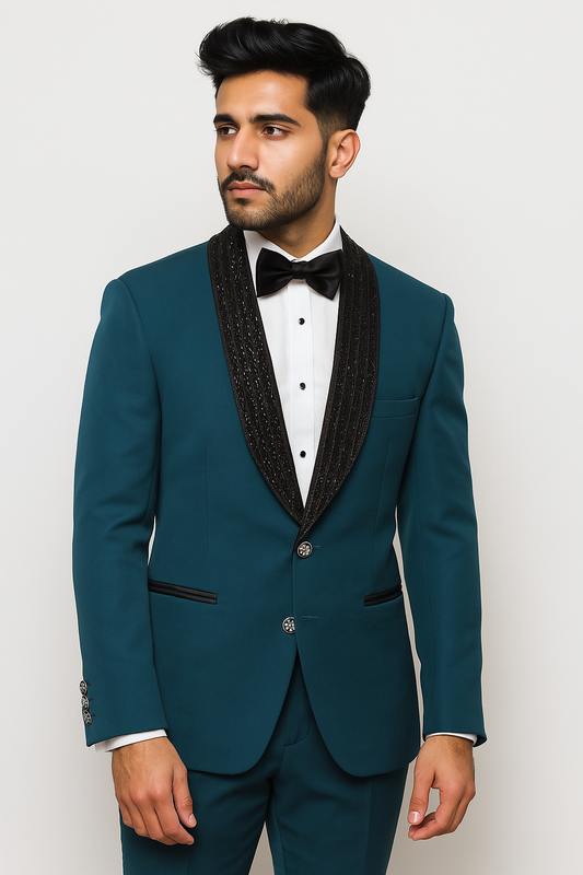 Japanese Silk Mixed Tux with Exquisite Hand Embroidery in Deep Teal