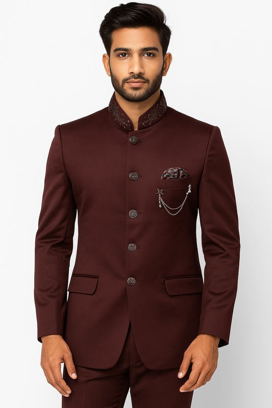 Burgundy Colored Two Piece Suit for Men with Hand Embroidered Collar