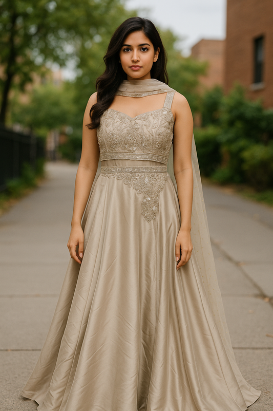 Satin & Crepe Mix Gown with Sheer Waist Panel in Ecru
