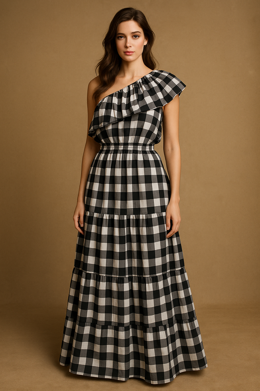 Printed Plaid One Shoulder Dress (One Size - up to Medium)