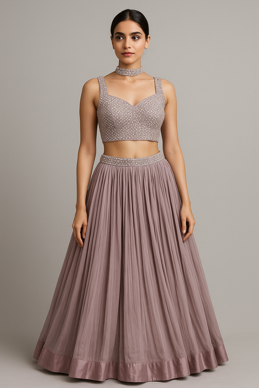 Mauve Shaded Handworked Fusion Crop Top with Exquisite Georgette Skirt