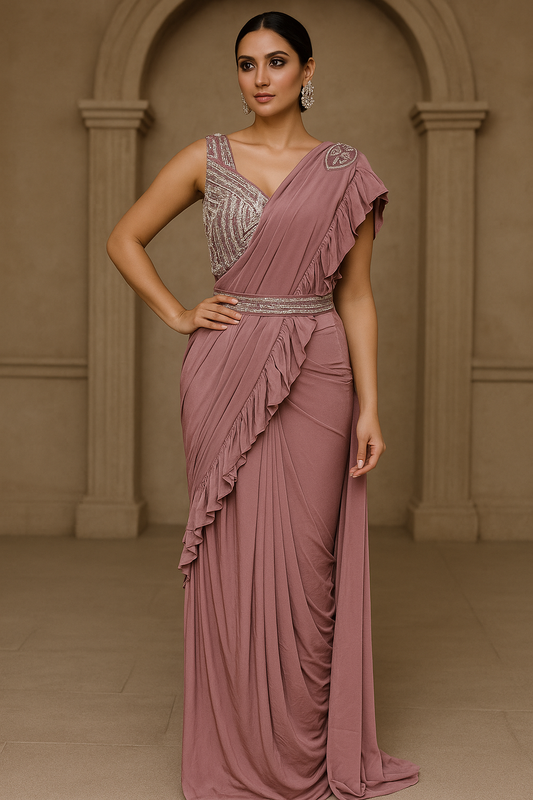 Elegantly designed deep pastel pink saree with hand made blouse and belt
