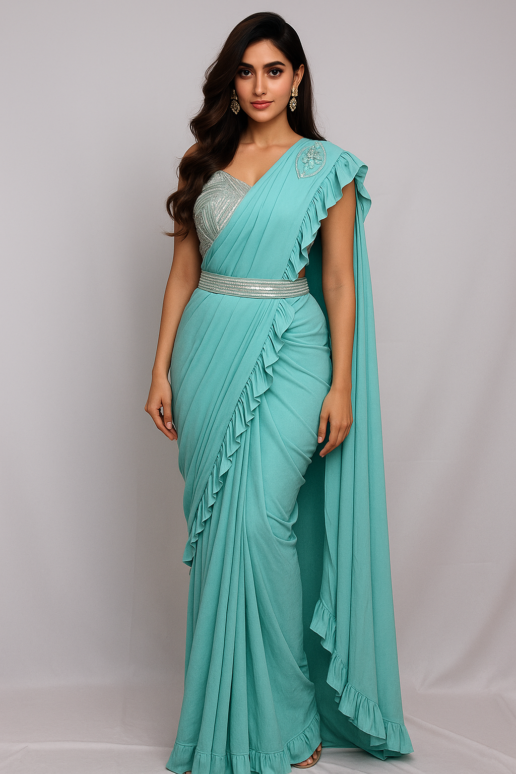 Light Turquoise Ready to Wear Saree with Beautifully Handcrafted Blouse and Belt