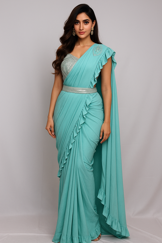 Light Turquoise Ready to Wear Saree with Beautifully Handcrafted Blouse and Belt