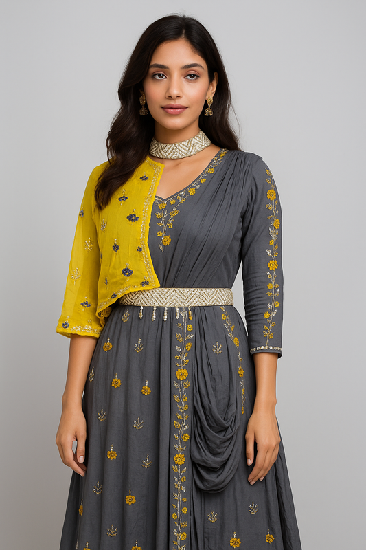 Beautifully Handcrafted and Hand Embroidered Designer Gown with One Side Shrug