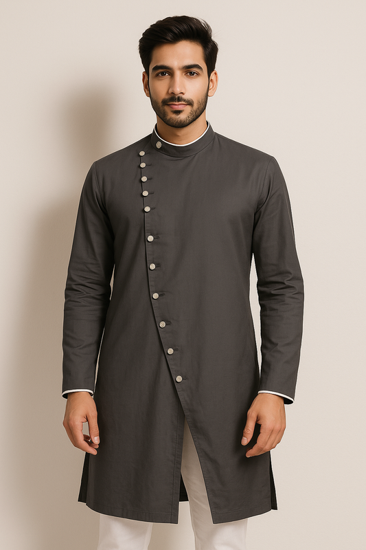 Asymmetrical Kurta Pyjama Set in Gray