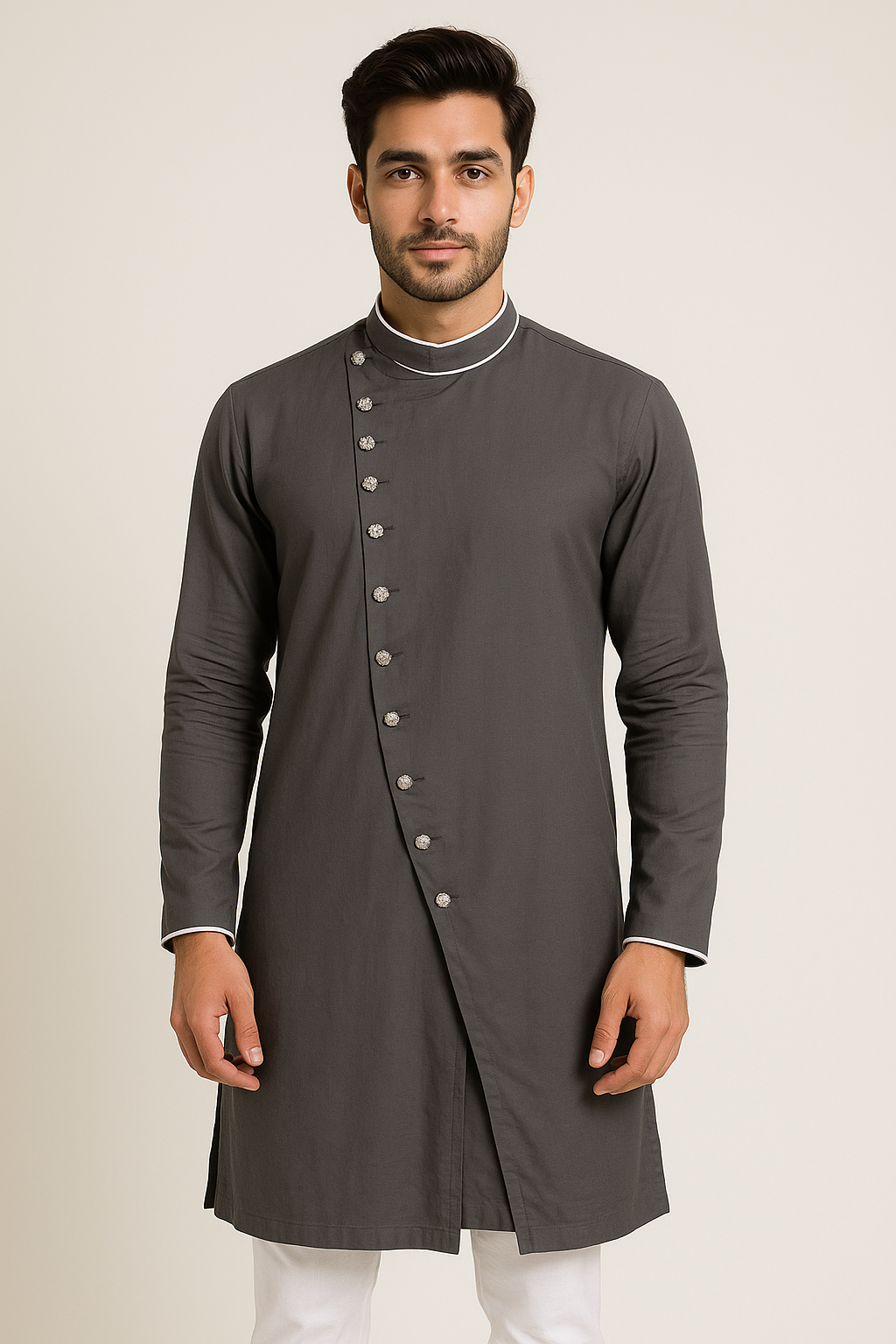 Asymmetrical Kurta Pyjama Set in Gray