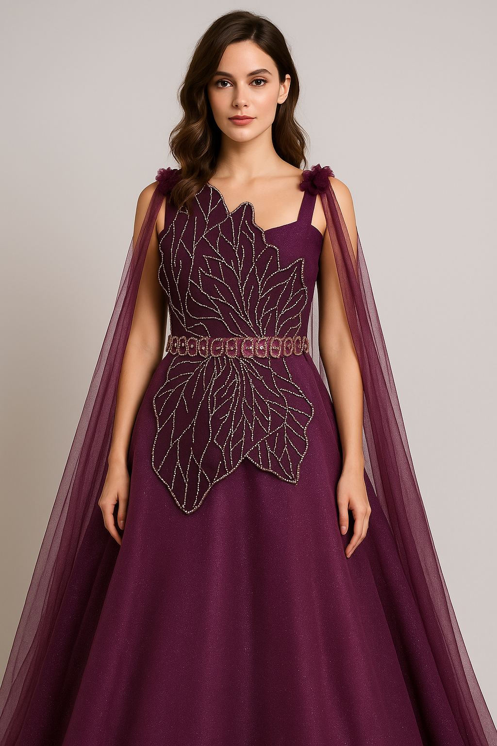 Unique Styled Mesh Net Ball Gown with Fly Away Sleeves