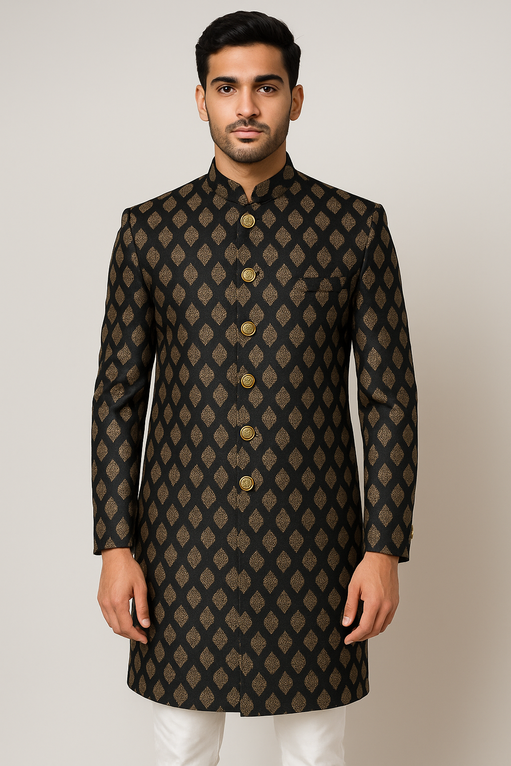 Moghul Inspired Black Long Suit Set Fit for a King (2 Piece)
