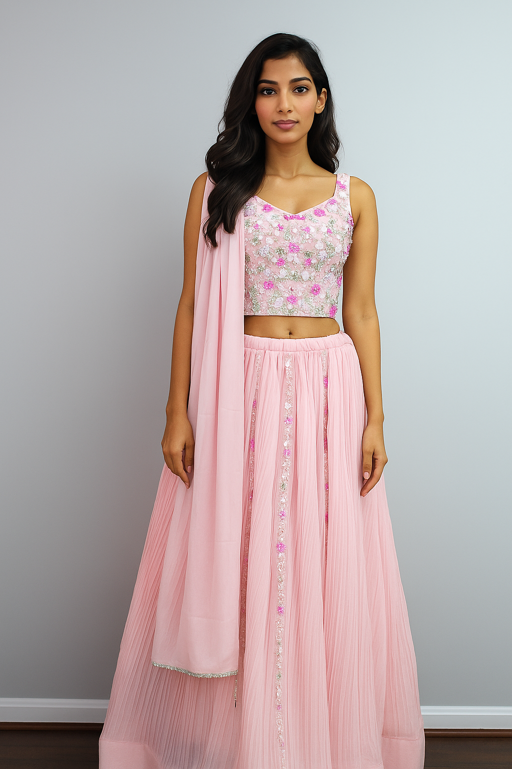 Blush Pink Hand Embroidered Georgette Crop Top