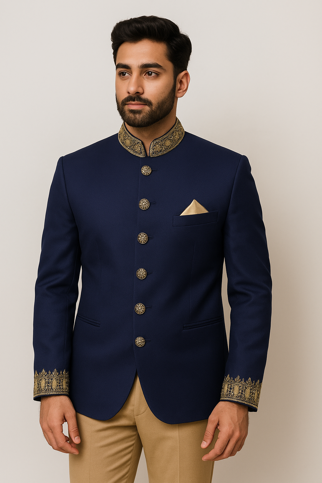 Azure Blue Long Suit with Hand Embroidered Collar and Cuffs