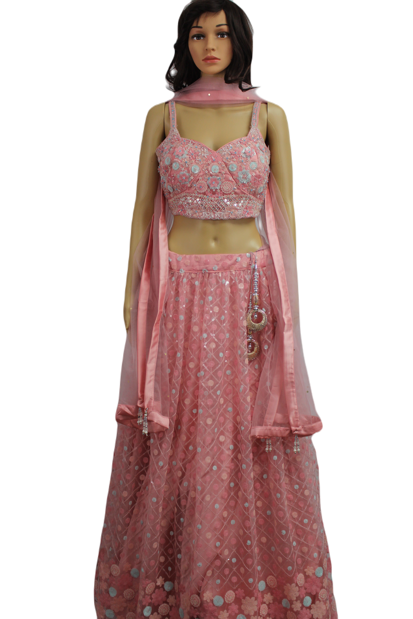 Pink Handworked Fusion Crop Top with Exquisite Soft Net Skirt