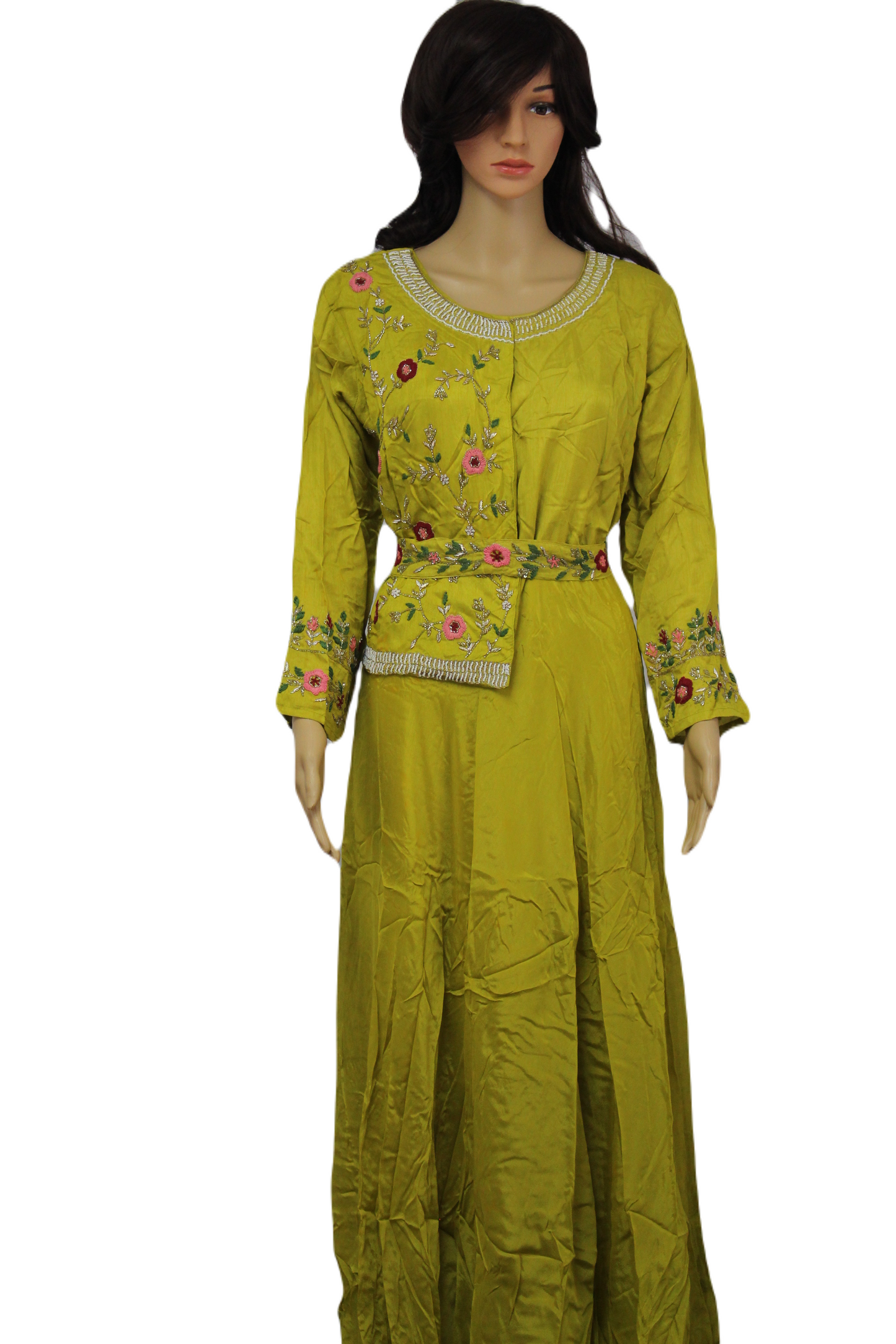 Hand Embroidered Chartreuse Maxi with Belt