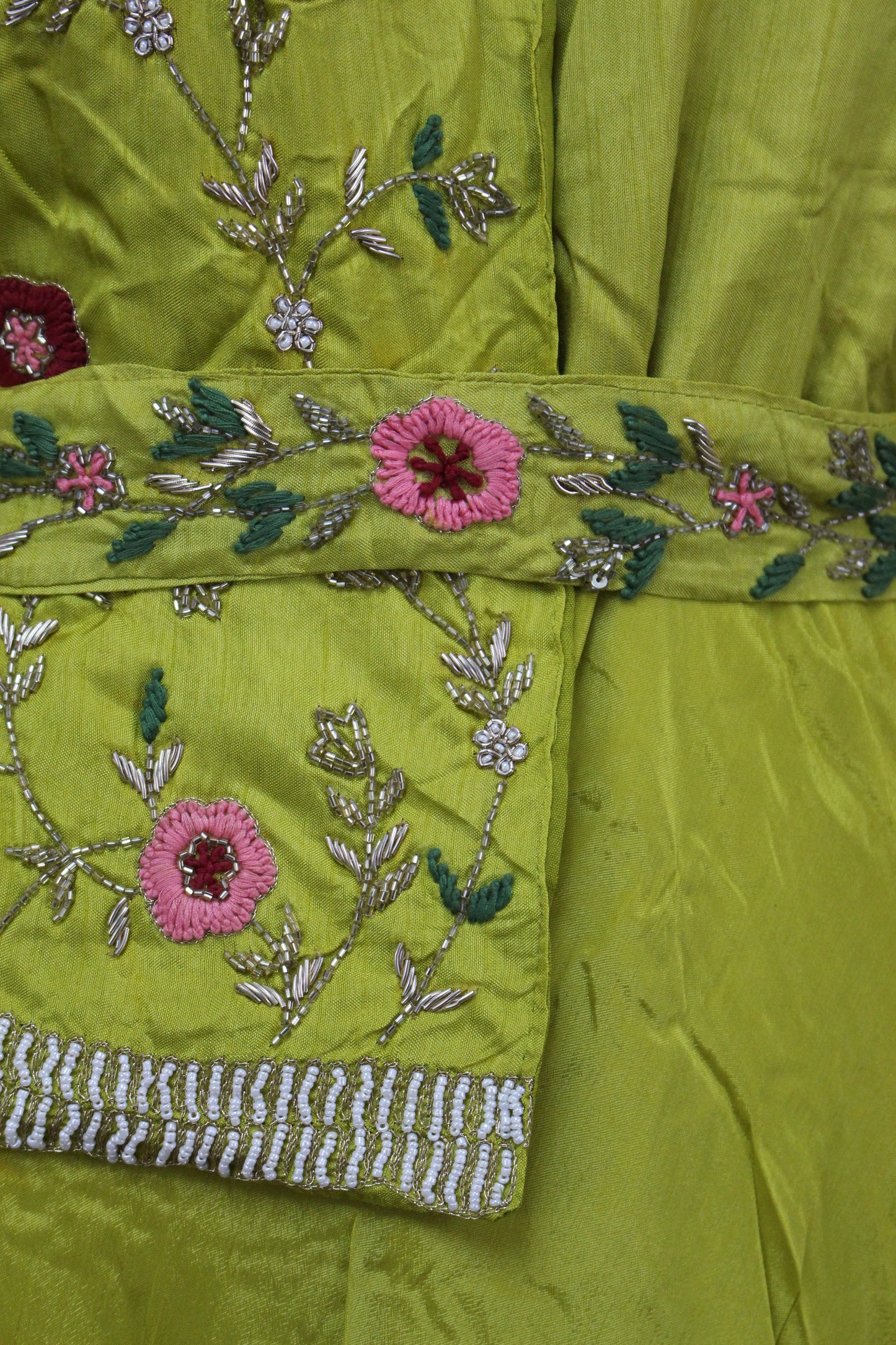 Hand Embroidered Chartreuse Maxi with Belt