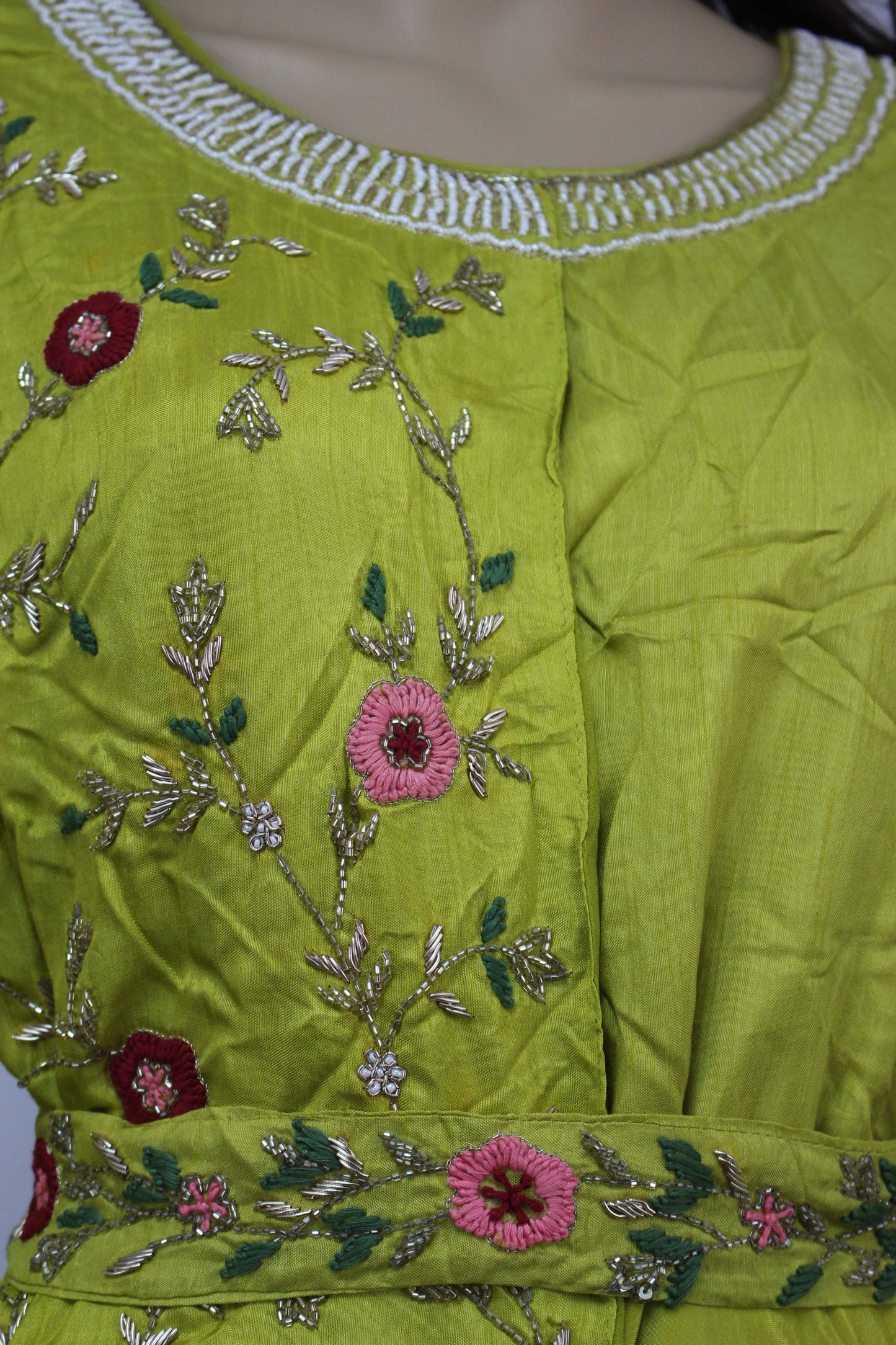 Hand Embroidered Chartreuse Maxi with Belt