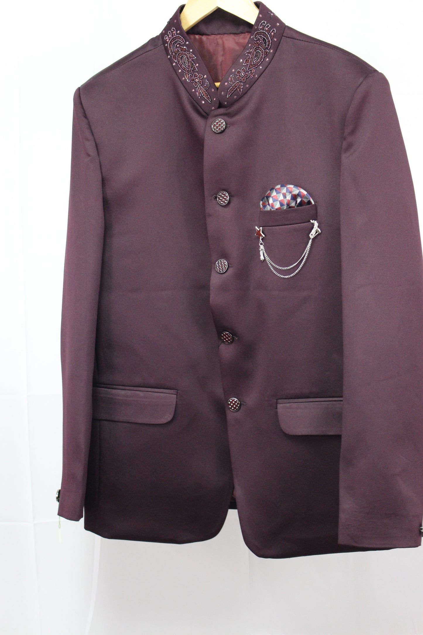 Burgundy Colored Two Piece Suit for Men with Hand Embroidered Collar