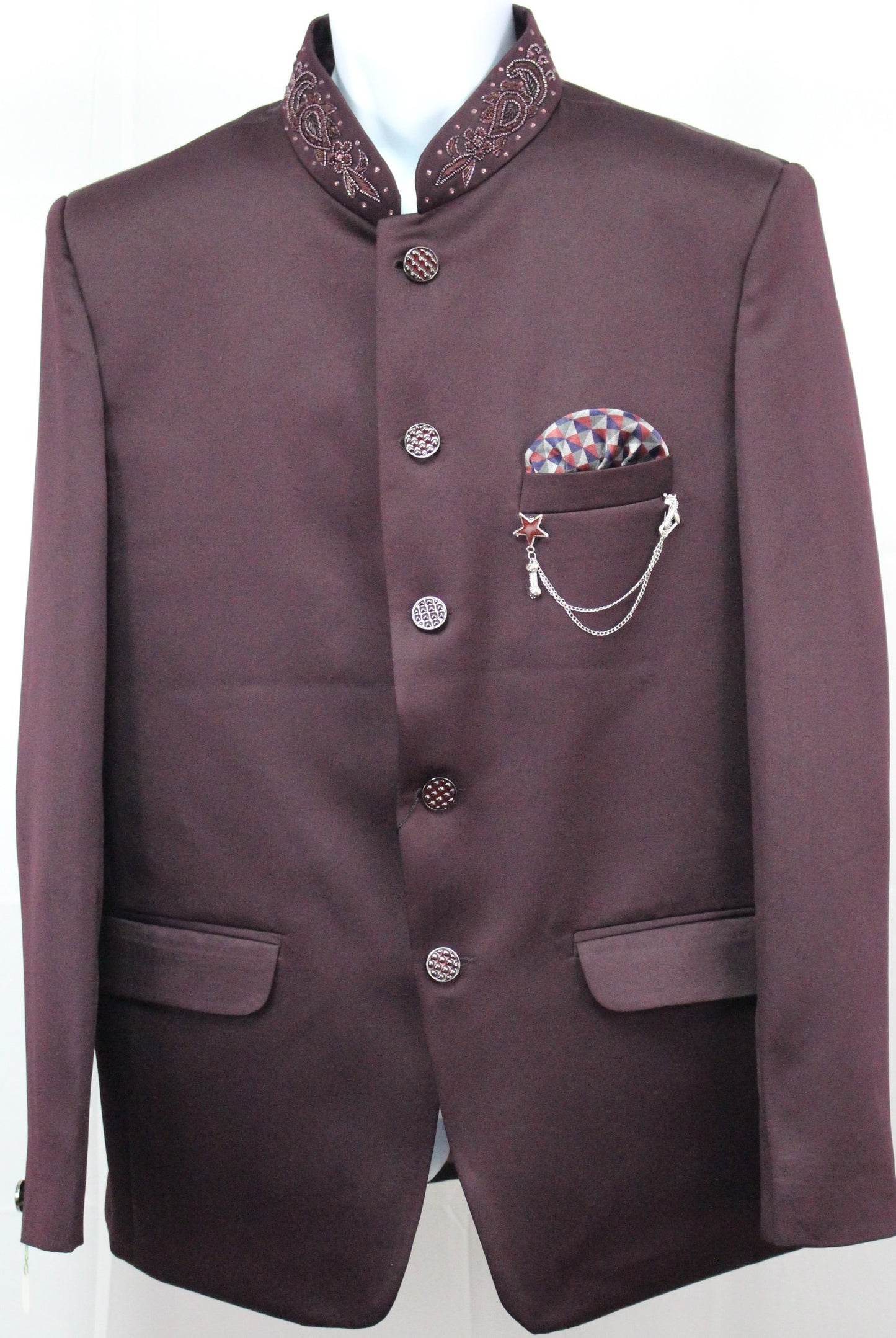 Burgundy Colored Two Piece Suit for Men with Hand Embroidered Collar