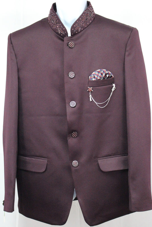 Burgundy Colored Two Piece Suit for Men with Hand Embroidered Collar