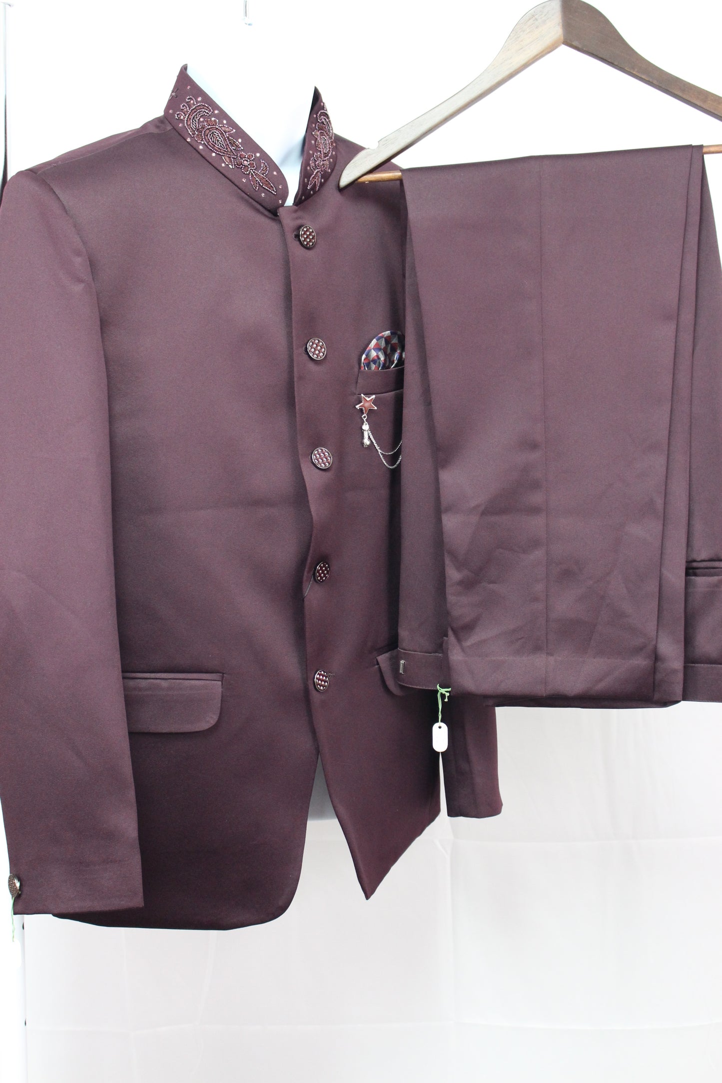 Burgundy Colored Two Piece Suit for Men with Hand Embroidered Collar