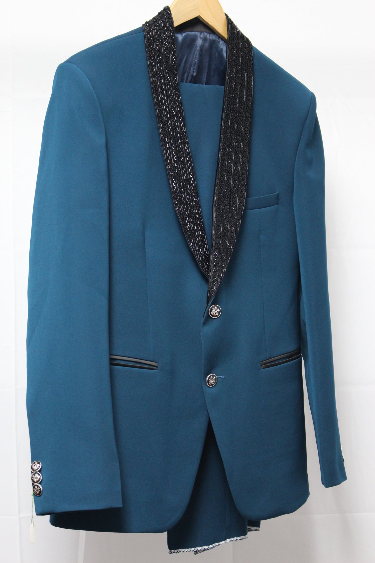 Japanese Silk Mixed Tux with Exquisite Hand Embroidery in Deep Teal