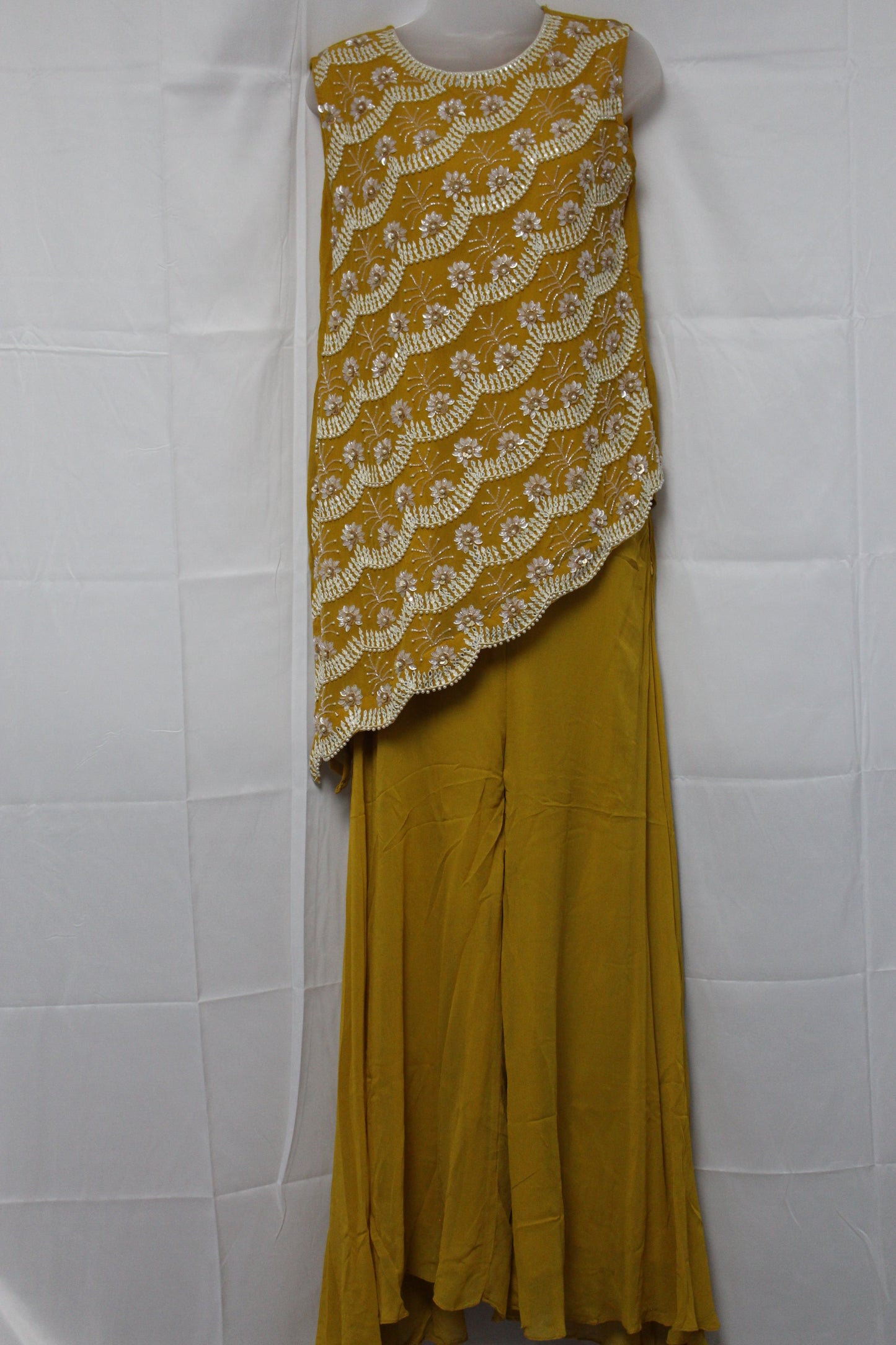 Exquisite Fish Cut Top with Pants in Mustard Yellow (Indian Fusion)