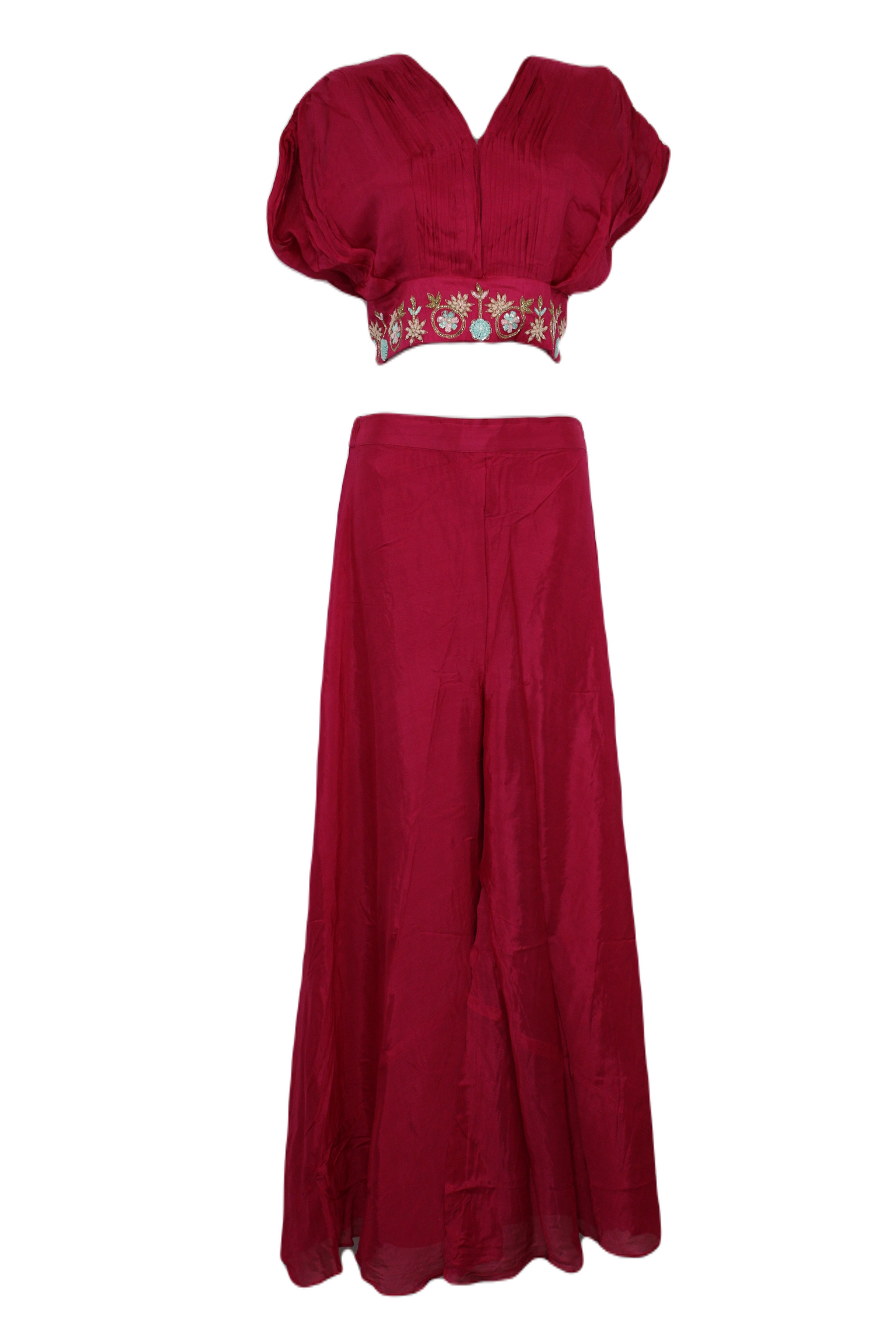 Hot Pink Embroidered Crop Top with Palazzo Pant