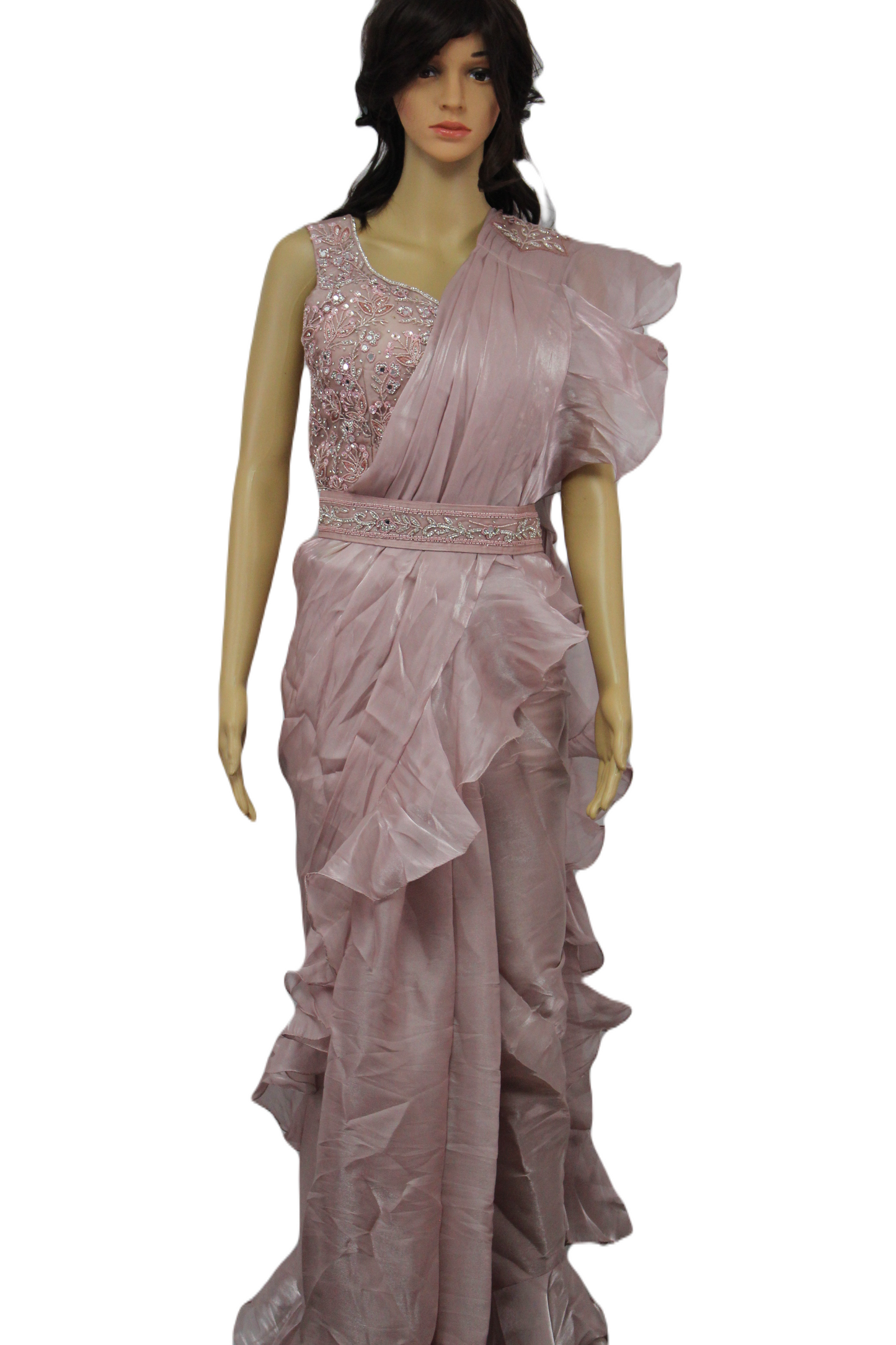 Organza Silk Ready to Wear Saree with Hand Embroidered Blouse & Belt