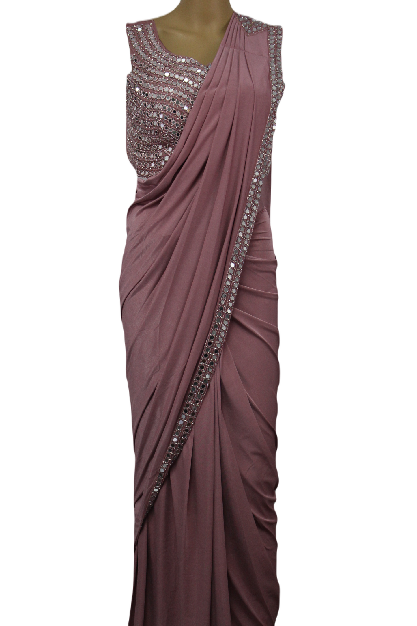 Dark pastel Pink Ready to Wear Saree with Mirror Crafted Handmade Blouse