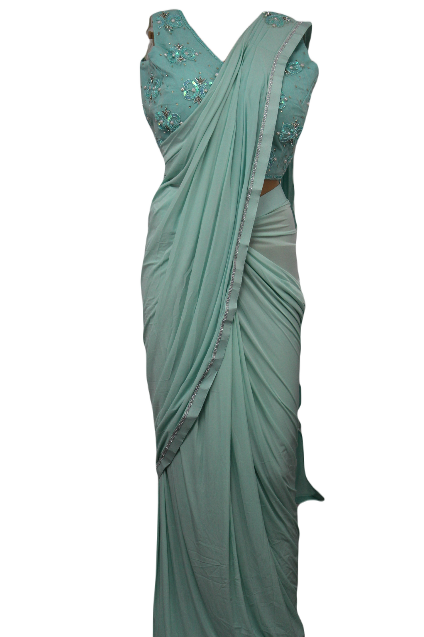 Simple Ready to Wear Saree with Hand Embroidered Blouse in Aqua