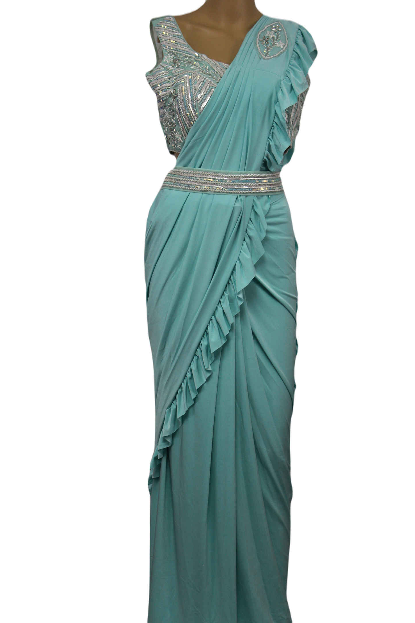 Light Turquoise Ready to Wear Saree with Beautifully Handcrafted Blouse and Belt
